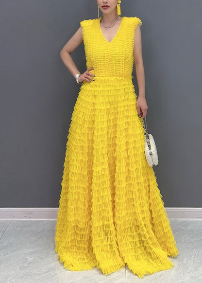 Yellow Wrinkled Vacation Maxi Cake Dresses Summer