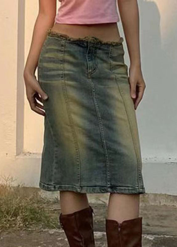 Blue Gradient Color Zip Up High Waist Patchwork Denim Skirt Fall