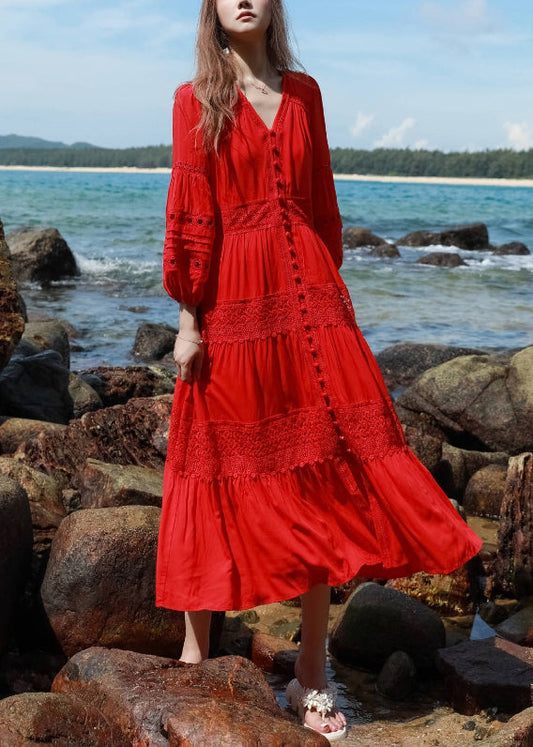 Red Hollow Out Lace Button Shirts Dress Lantern Sleeve