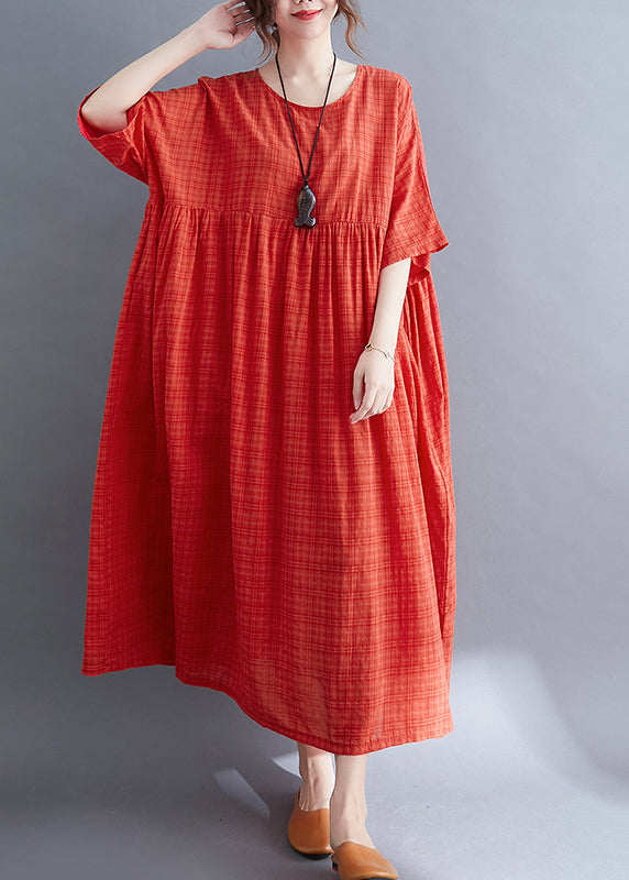 Red O-neck Cinched Cotton Holiday Dress Short Sleeve
