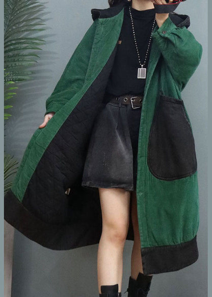 Green Button Pockets Corduroy Thick Winter Coats