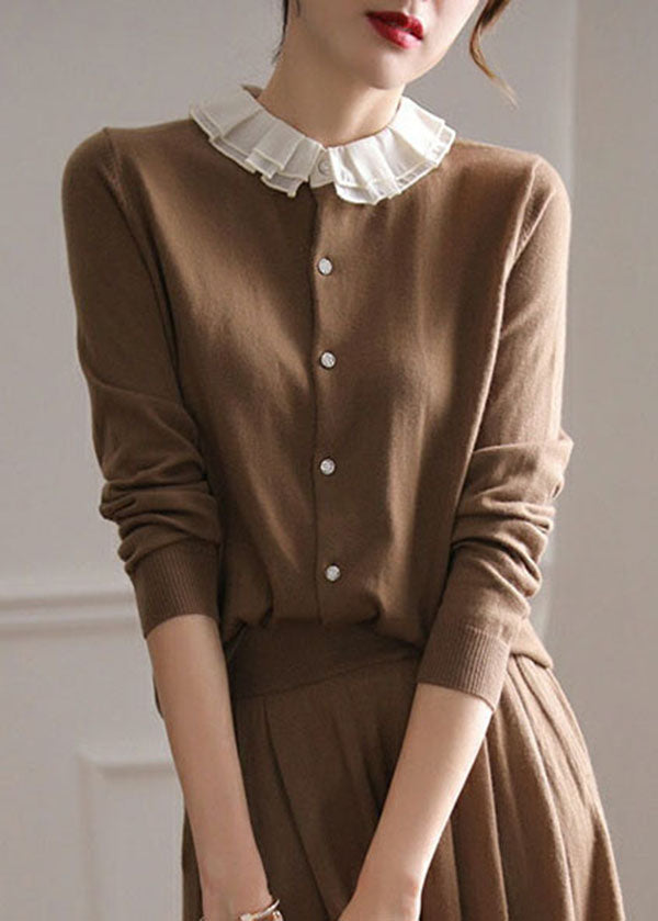 Coffee O-neck Ruffled Patchwork Cashmere Cardigans Spring