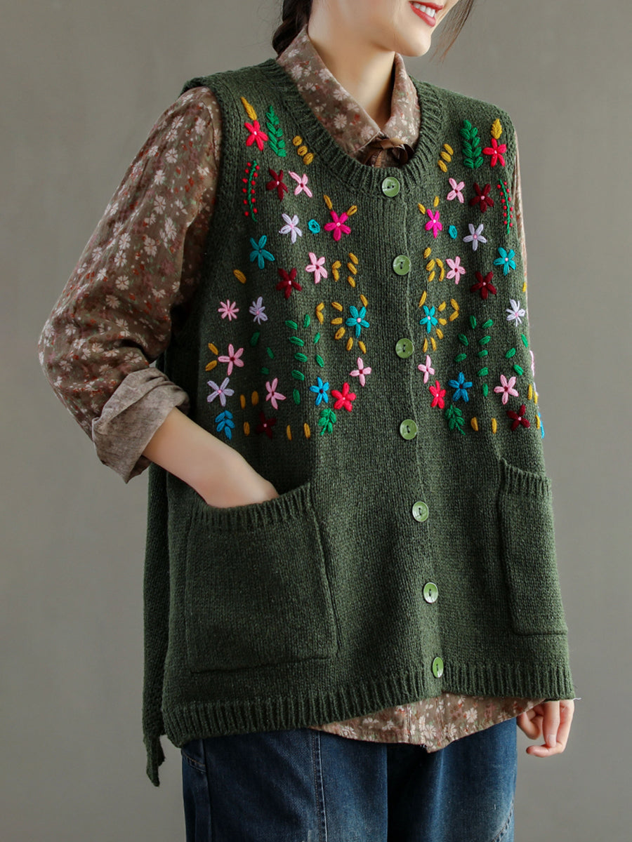 Embroidery Cotton Baggy Cardigan Vest