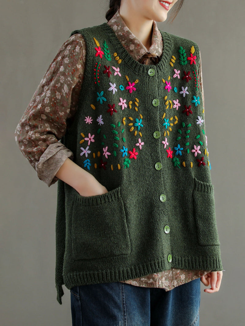 Embroidery Cotton Baggy Cardigan Vest