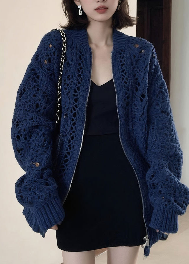 Blue O-neck Zippered Patchwork Cotton Knit Coats Long Sleeve