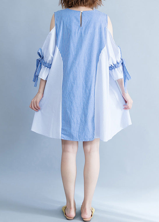 Blue Striped Cotton Clothes Fabrics Off the Shoulder Summer Dresses
