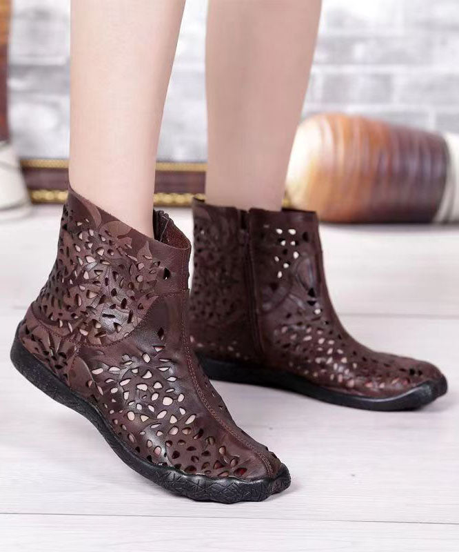 Coffee Hollow Out Zippered Splicing Cowhide Leather Boots