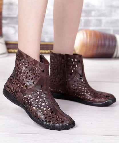 Coffee Hollow Out Zippered Splicing Cowhide Leather Boots