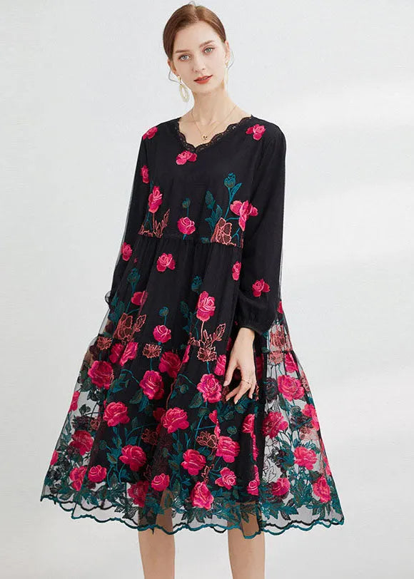 Rose Tulle Maxi Dress O-neck Embroideried Long Sleeve