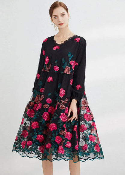 Rose Tulle Maxi Dress O-neck Embroideried Long Sleeve