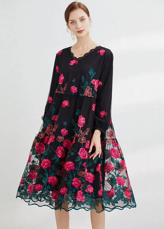 Rose Tulle Maxi Dress O-neck Embroideried Long Sleeve