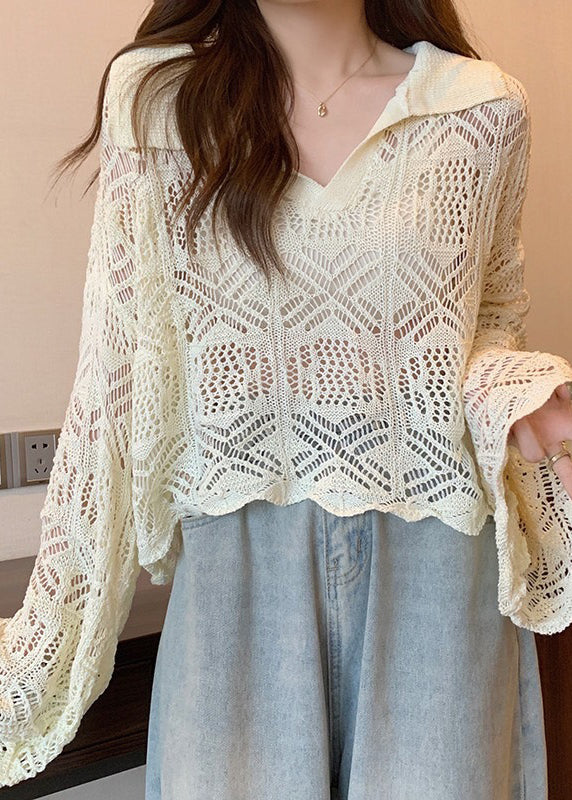 Stylish Apricot Peter Pan Collar Hollow Out Knit Top Summer