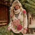 Women's Retro Rose Floral Art Cozy Hight Neck Sweater elevenforest