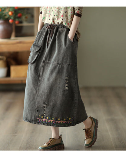 Embroidered Ripped Denim Slim A-line Skirt