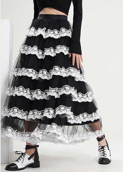 Black Ruffled Patchwork Tulle Skirt Spring