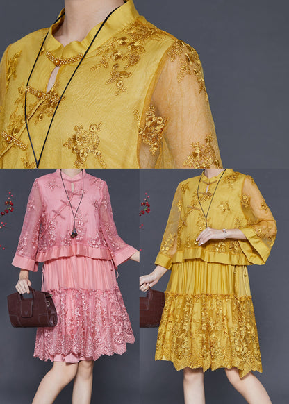 Pink Embroidered Patchwork Tulle Oriental Dress Spring