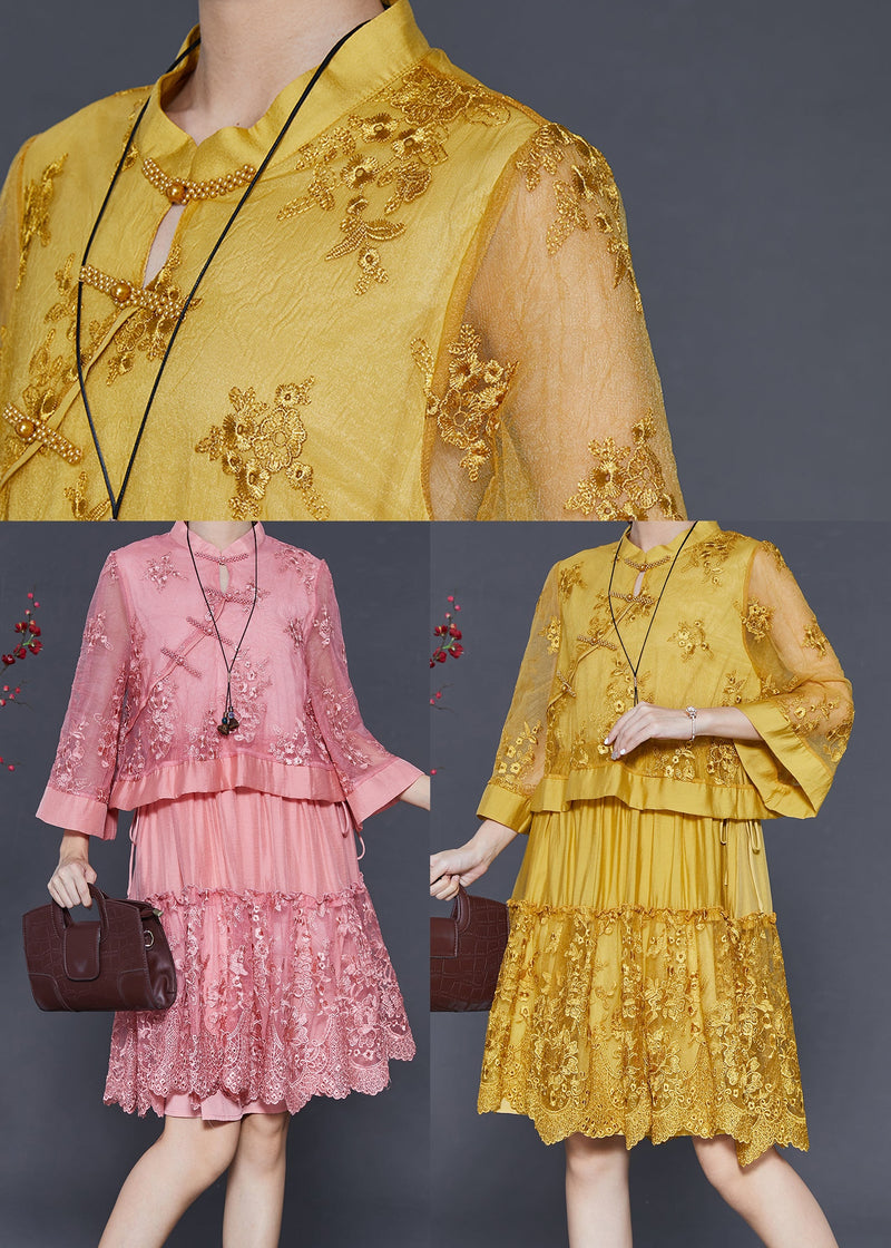 Pink Embroidered Patchwork Tulle Oriental Dress Spring