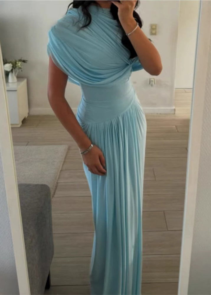 Slim Fit Light Blue Wrinkled High Waist Cotton Maxi Dresses Summer