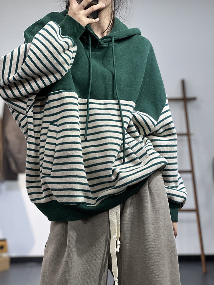 Contrast Stripe Fleece Drawstring Hooded Sweatshirt