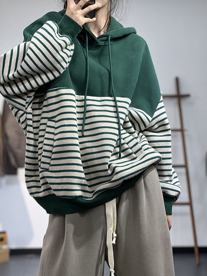 Contrast Stripe Fleece Drawstring Hooded Sweatshirt