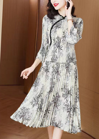 Grey Print Chiffon Oriental Dress Summer