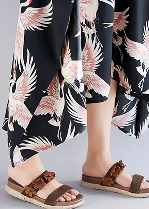 Loose Black Print Linen Clothes Shirts O Neck Asymmetric Long Summer Dress