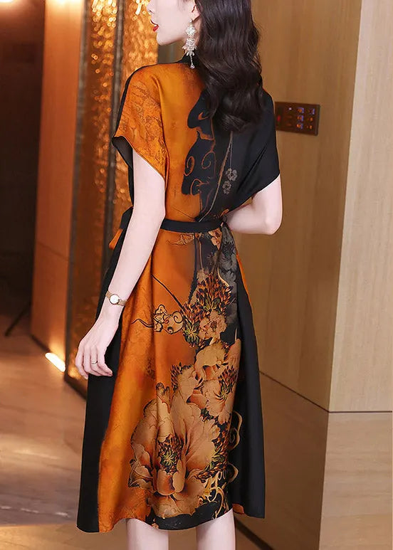 O-neck Print Button Tie Waist Silk Maxi Dresses Short Sleeve