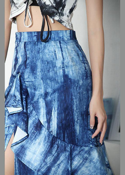 Blue Tie Dye Asymmetrical Design Ruffles Skirts