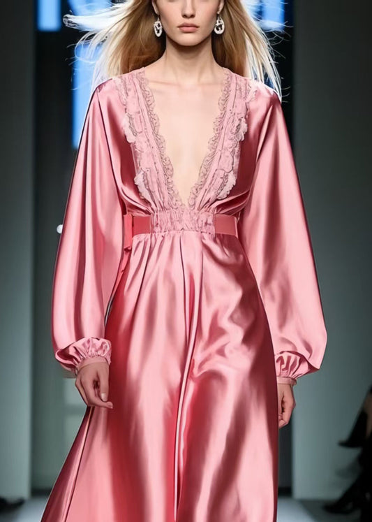 Classy Pink V Neck Patchwork Lace Long Dress Spring