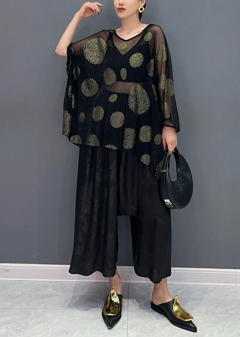 Black Print Silk T Shirts and Crop Pants Two Piece Set Bracelet Sleeve