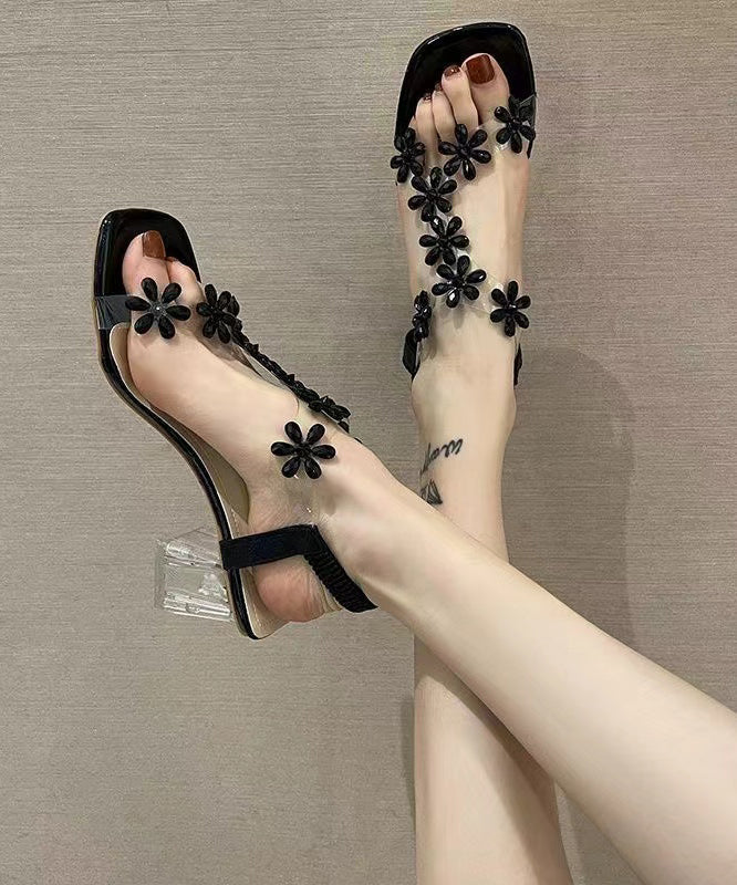 Black Clear Chunky Heels Splicing Sandals Peep Toe