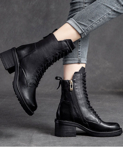 Black Biker Boots Chunky Zippered Cowhide Leather Lace Up Boots