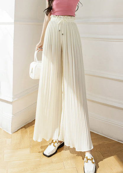 Apricot Lace Up Wrinkled Elastic Waist Chiffon Crop Pants