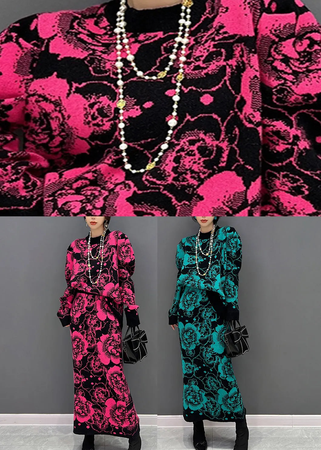 Green O-neck Print Top and Maxi Skirts Two Piece Set Fall