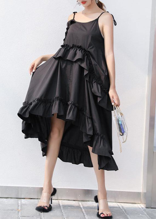 Italian Black Cotton Quilting Dresses Asymmetric Tunic Summer Dresses