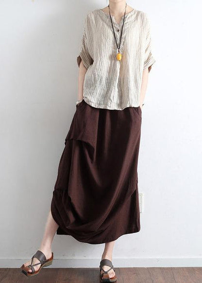 Chocolate Side Drawstring Linen Skirts Asymmetrical Oversized Cotton Skirt Outfit