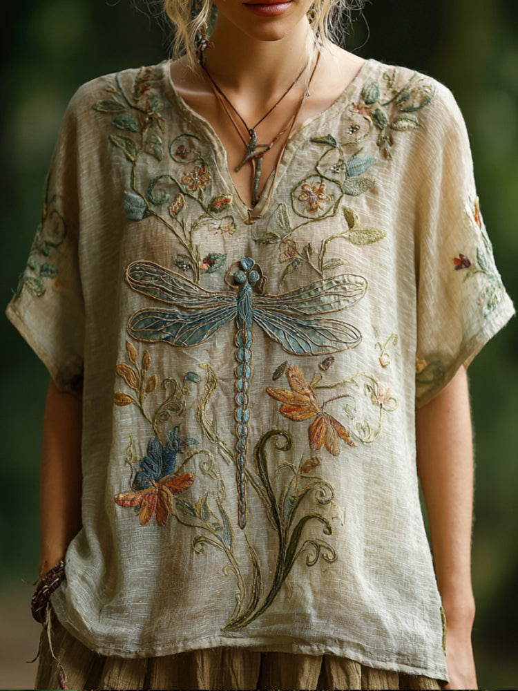Vintage Cotton And Linen Dragonfly And Vine Pattern Worn-out V-neck Short-sleeved T-shirt elevenforest
