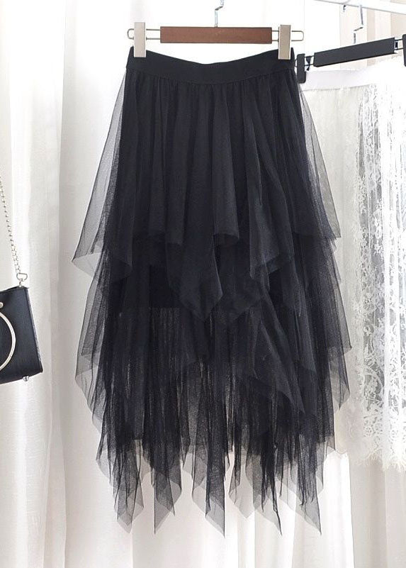 French Coffee Elastic Waist Asymmetrical Exra Large Hem Tulle Skirt Summer