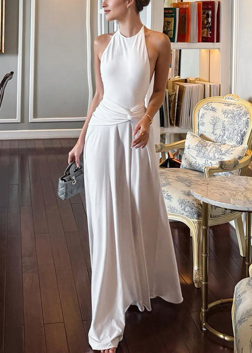 White Backless Wrinkled Lace Up Cotton Long Dress Sleeveless