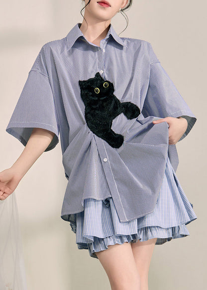Blue Peter Pan Collar Little Cats Striped Shirts Summer