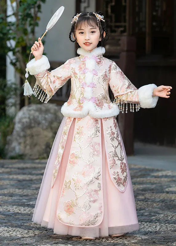 Stylish Champagne Fur Collar Embroideried Tassel Warm Fleece Coats and Tulle Skirts Two Pieces Set Winter