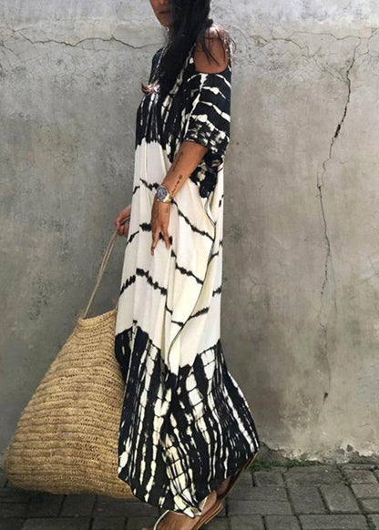 French Black White Tie Dye Cold Shoulder Kimono Robe Cotton Dress