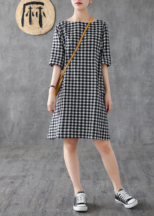 Diy O Neck Half Sleeve Cotton Linen Wardrobes Outfits Black Plaid Dresses Summer