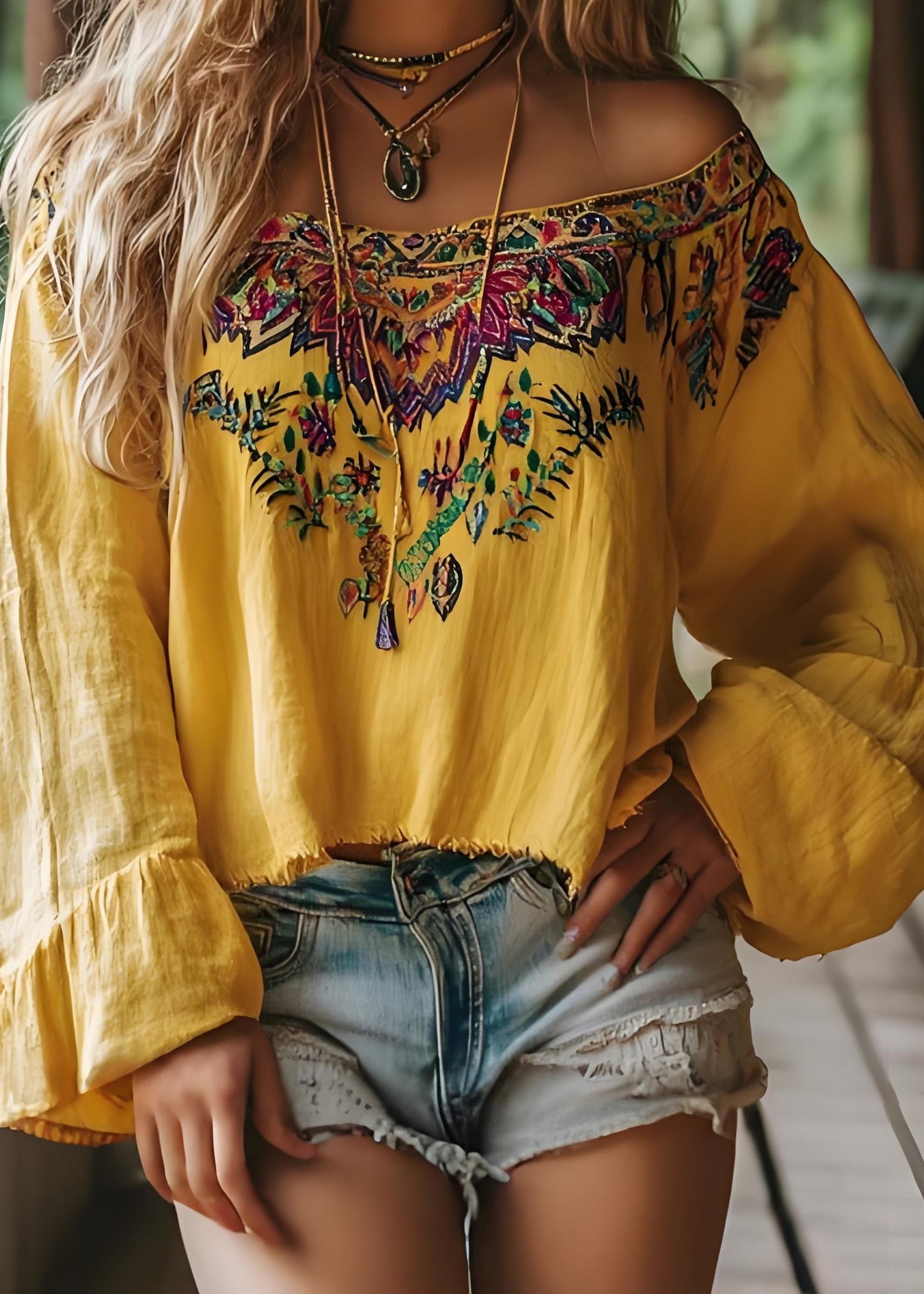 Yellow Slash Neck Print Cotton T Shirts Spring