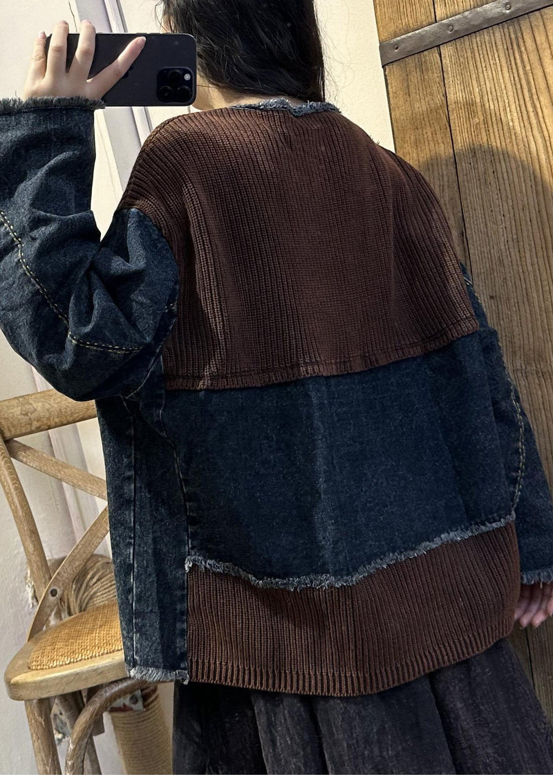 Red Asymmetrical Pockets Knit Patchwork Tops Fall