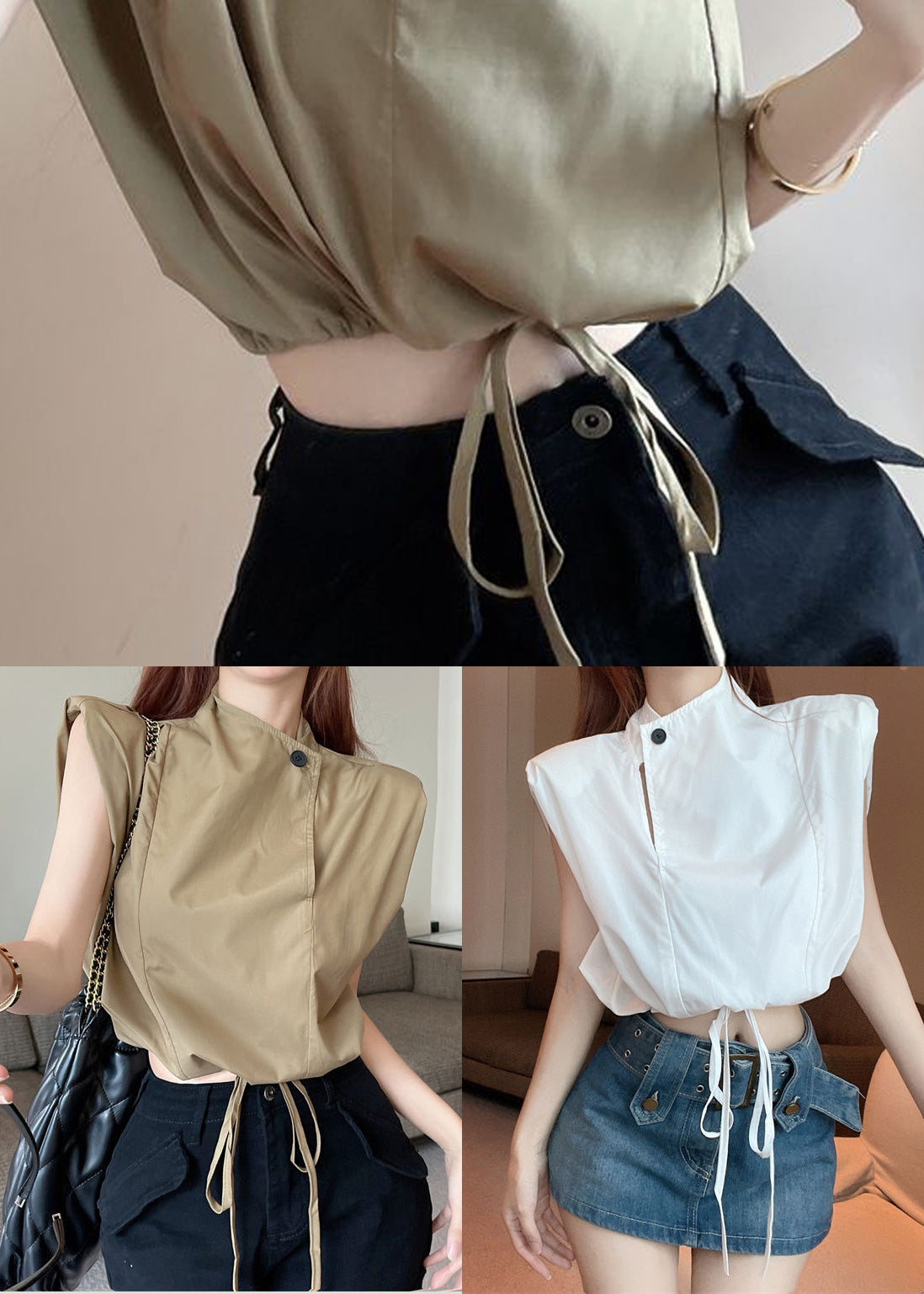 White Stand Collar Drawstring Cotton Blouse Top Sleeveless
