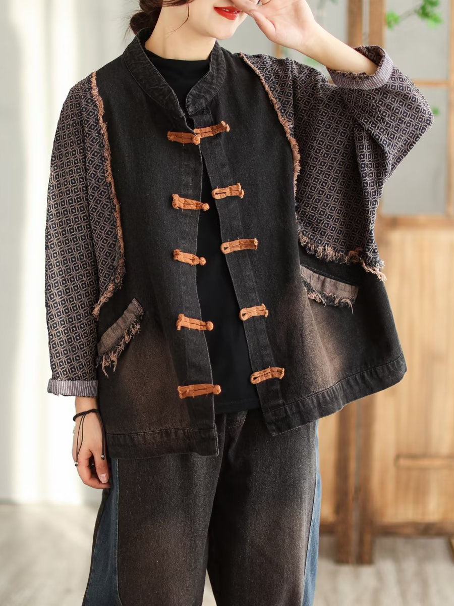 Spring Patchwork Frog Burrs Denim Coat