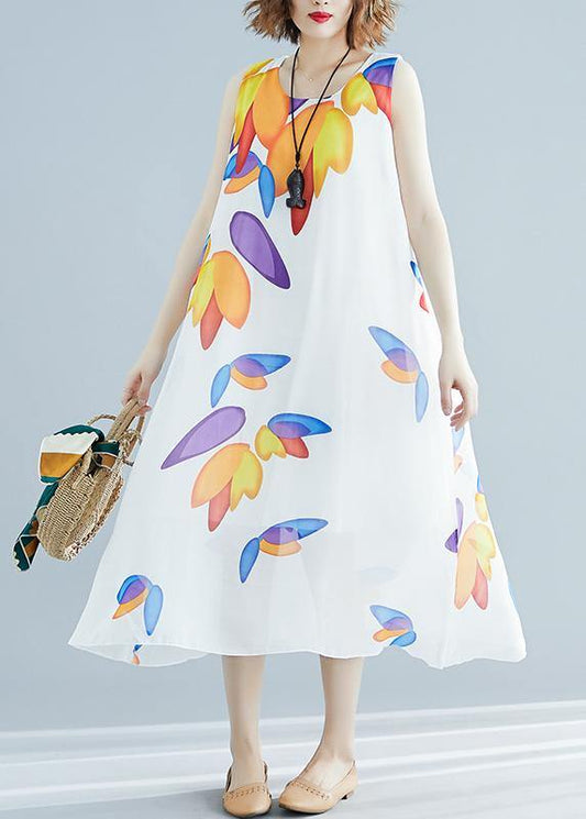 Art O Neck False Two Pieces Chiffon Dresses White Print Dresses Summer