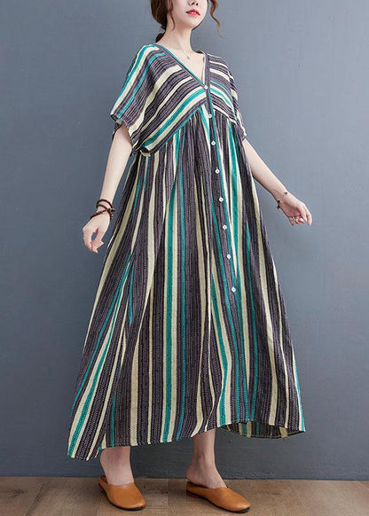 Orange Striped V Neck Patchwork Holiday Cotton Linen Dress