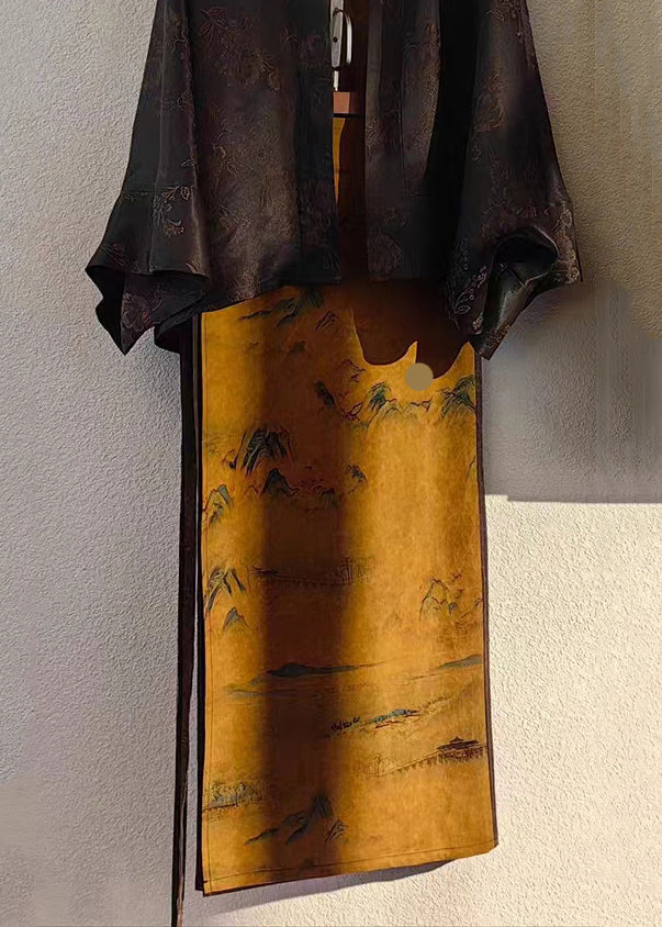 Chinese Style Black Tops and Skirts Patchwork Silk Two Pieces Set Fall